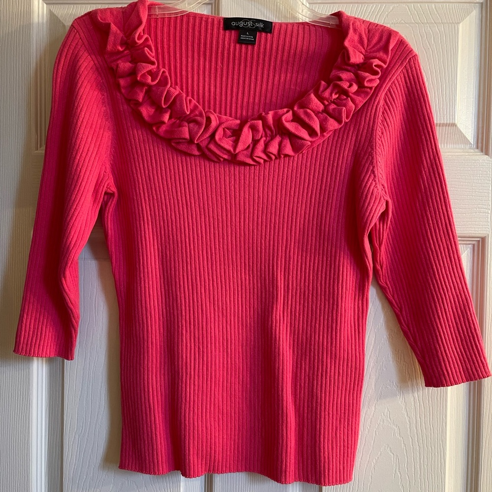 August Silk Vibrant Pink Ruffle Neck Blouse